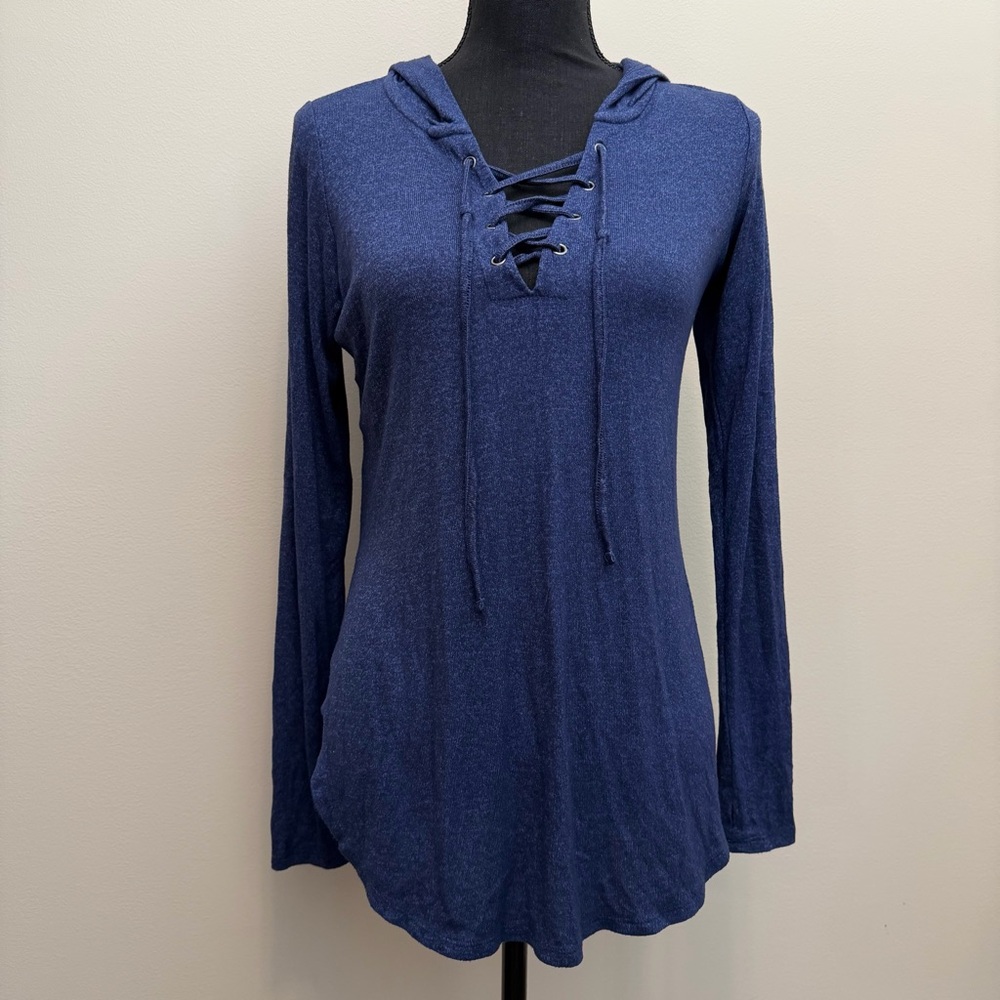Aerie Women's S V Neck Lace Up Hoodie Long Sleeve Tee Y2K Heathered Blue Coastal